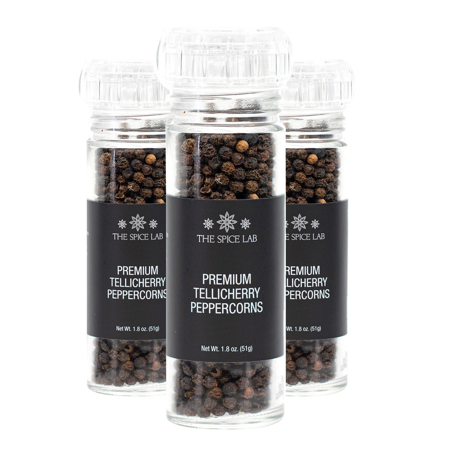 Premium Tellicherry Peppercorns with Grinder 3 Pack